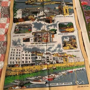 New vintage Guernsey souvenir linen tea towel depicting various landmarks